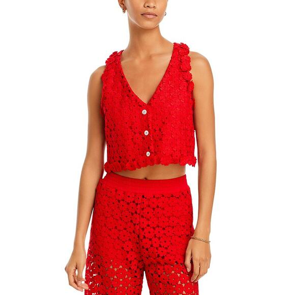 Waimari 'Christie' Red Cotton Floral Eyelet Lace Cropped Vest Size XS - Picture 1 of 5